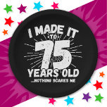 75 Year Old Sarcastic Meme Funny 75th Birthday Paper Plate<br><div class="desc">This funny 75th birthday design makes a great sarcastic humour joke or novelty gag gift for a 75 year old birthday theme or surprise 75th birthday party! Features 'I Made it to 75 Years Old... Nothing Scares Me' funny 75th birthday meme that will get lots of laughs from family, friends,...</div>