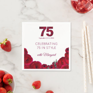 75 Years Bold Red Floral 75th Birthday Party Paper Napkin