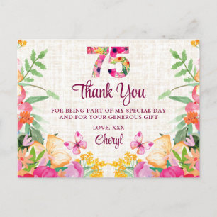 75 Years Flowers Floral Linen 75th Birthday Thanks Postcard