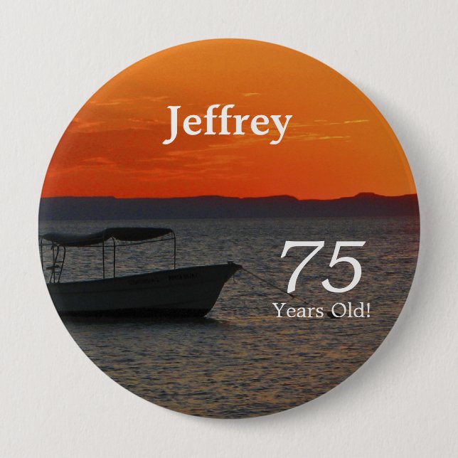 75 Years Old, Fishing Boat Button Pin (Front)