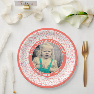 75 Your Photo Random Number Pattern Coral/White Paper Plate