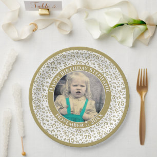 75 Your Photo Random Number Pattern Gold/White Paper Plate