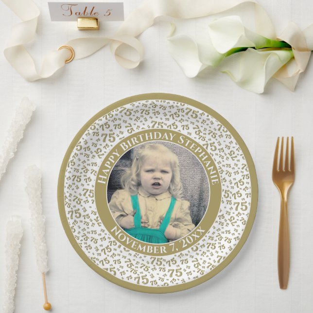 75 Your Photo Random Number Pattern Gold/White Paper Plate (Wedding)