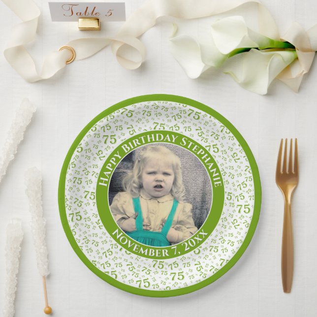 75 Your Photo Random Number Pattern Green/White Paper Plate (Wedding)