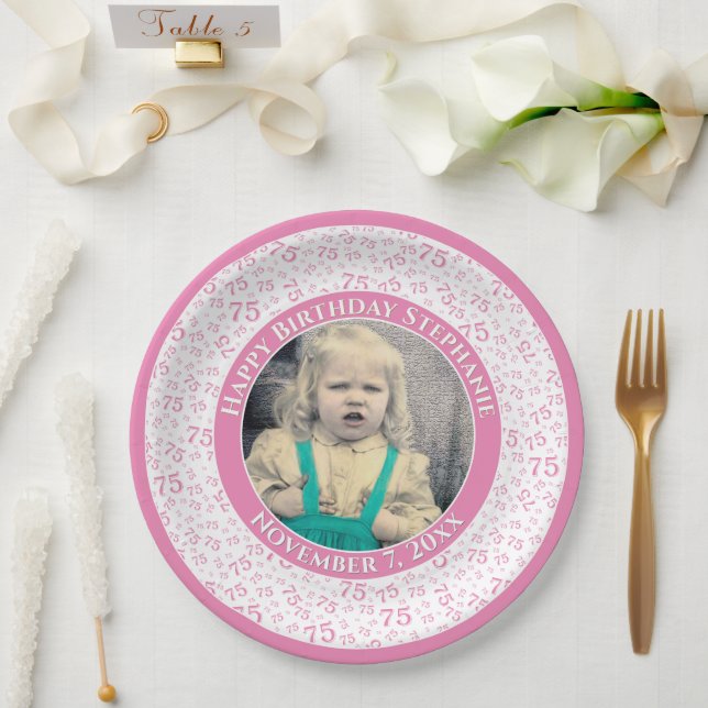 75 Your Photo Random Number Pattern Pink/White Paper Plate (Wedding)