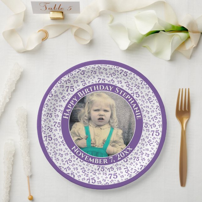 75 Your Photo Random Number Pattern Purple/White Paper Plate (Wedding)
