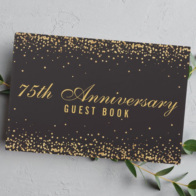 75th Anniversary Black Gold Confetti Elegant Guest Book (Creator Uploaded)