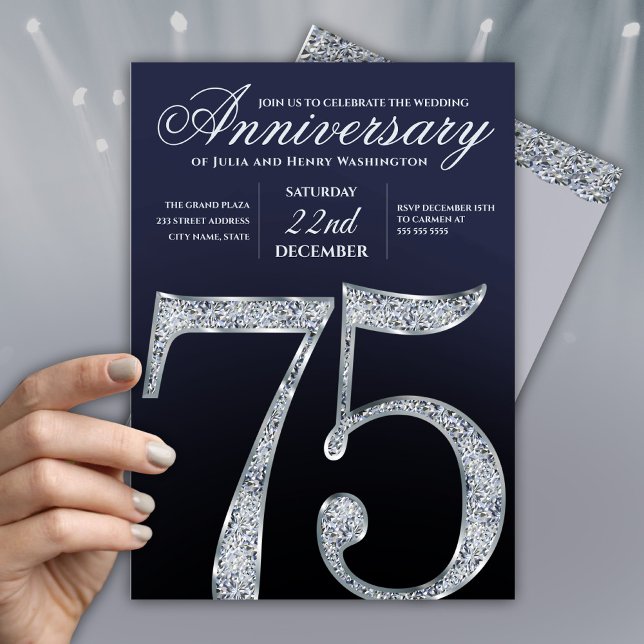 75th Anniversary Diamond Silver Navy Blue Modern Invitation (Creator Uploaded)