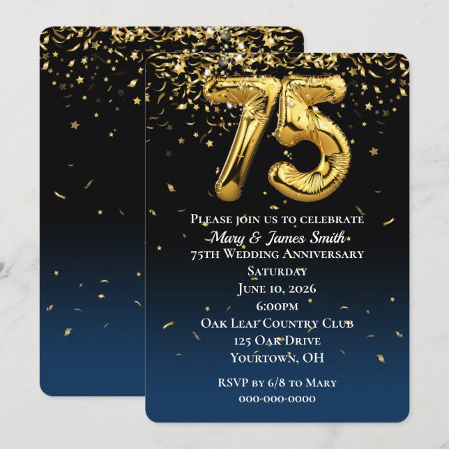 75th Anniversary Gold Balloons & Confetti Invitati Invitation (Front/Back)