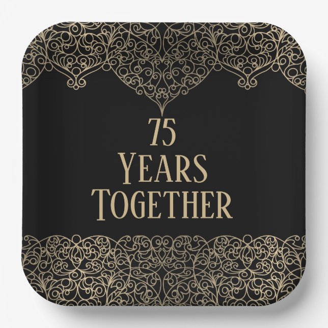 75th Anniversary Gold Lace On Black   Paper Plate (Front)