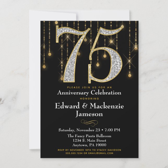 75th Anniversary Invitation Black Gold Diamonds (Front)