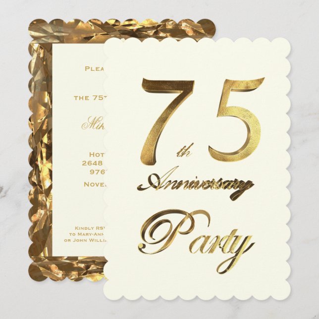 75th Birthday Anniversary Gold Ivory Elegant Invitation (Front/Back)