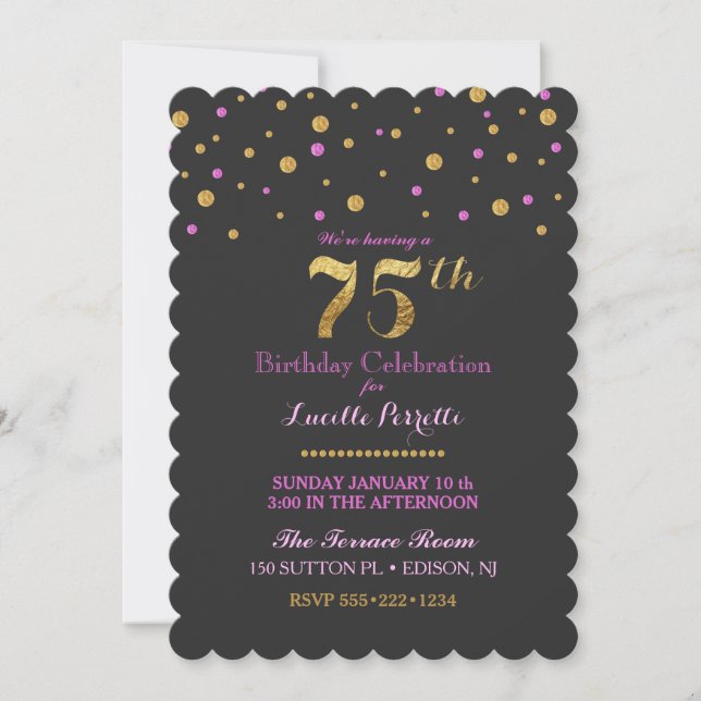75th Birthday Anniversary Gold Pink Confetti Dots Invitation (Front)