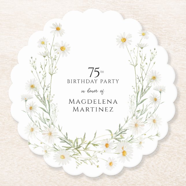 75th Birthday April Birthday Month Daisy Custom Paper Coaster (Front)