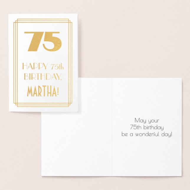 75th Birthday: Art Deco Inspired Look "75" & Name Foil Card (Display)