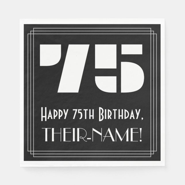 75th Birthday: Art Deco Inspired Look "75" + Name Napkin (Front)