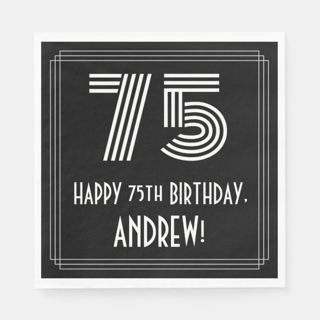 75th Birthday: Art Deco Inspired Look "75" + Name Napkin (Front)