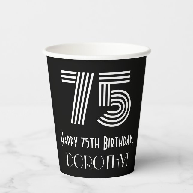 75th Birthday — Art Deco Inspired Look “75” + Name Paper Cups (Back)
