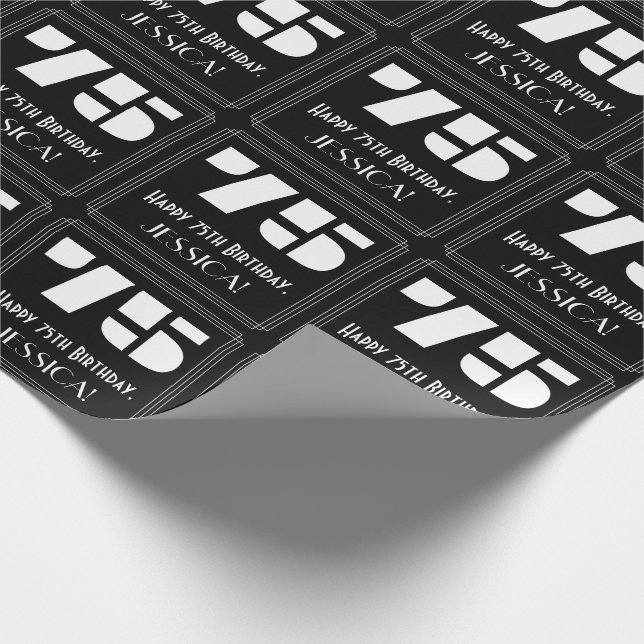 75th Birthday: Art Deco Inspired Look "75" & Name Wrapping Paper (Corner)