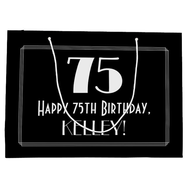 75th Birthday: Art Deco Inspired Style "75", Name Large Gift Bag (Back)