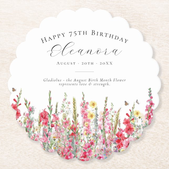 75th Birthday August Birth Flower Custom Paper Coaster (Front)