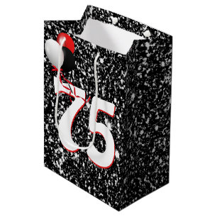75th Birthday Balloons on Black Glitter Medium Gift Bag