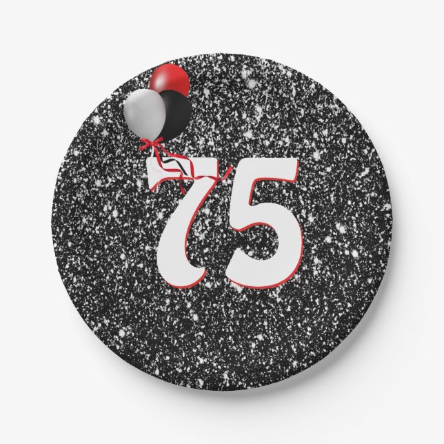 75th Birthday Balloons on Black Glitter   Paper Plate (Front)