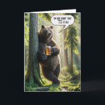 75th Birthday Bear With Beer Mug Card<br><div class="desc">A bear stands leisurely against a tree holding a mug of beer with one paw in a sunlit summer forest with a humourous speech bubble for a 75th birthday.
All text can be changed and the age.</div>