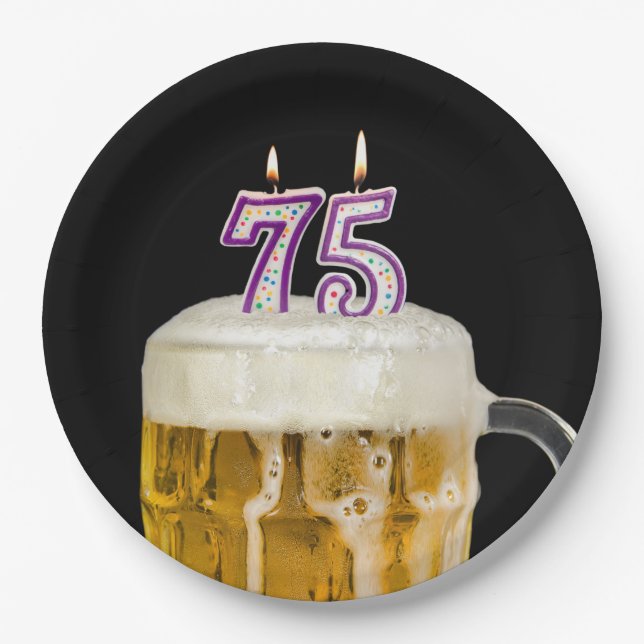 75th Birthday Beer on black Paper Plate (Front)