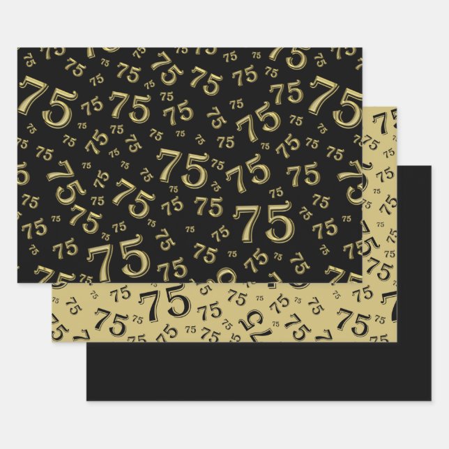 75th Birthday Black & Gold Number Pattern 75 Wrapping Paper Sheet (Set)