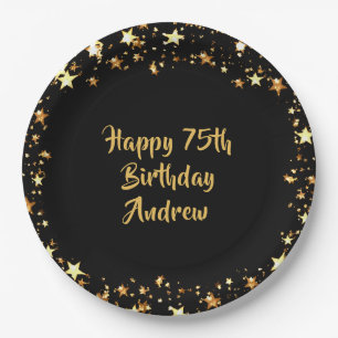 75th Birthday Black Gold Stars Name Paper Plate