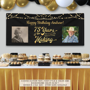 75th Birthday Black Gold String Lights Retro Photo Banner