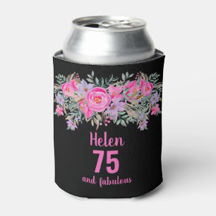 75th birthday black pink floral can cooler