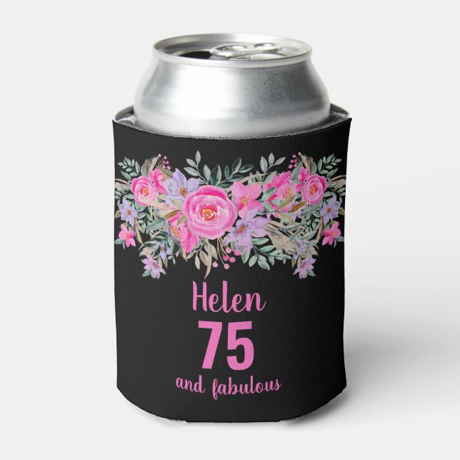 75th birthday black pink floral can cooler (Can Front)