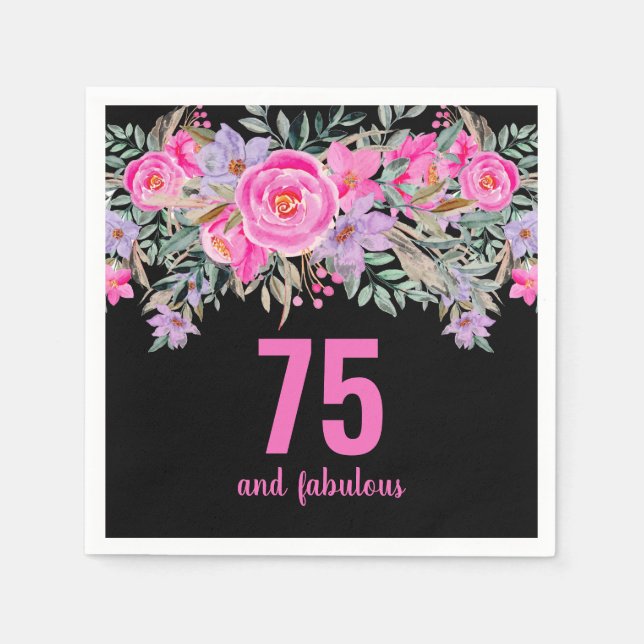 75th birthday black pink floral  napkin (Front)