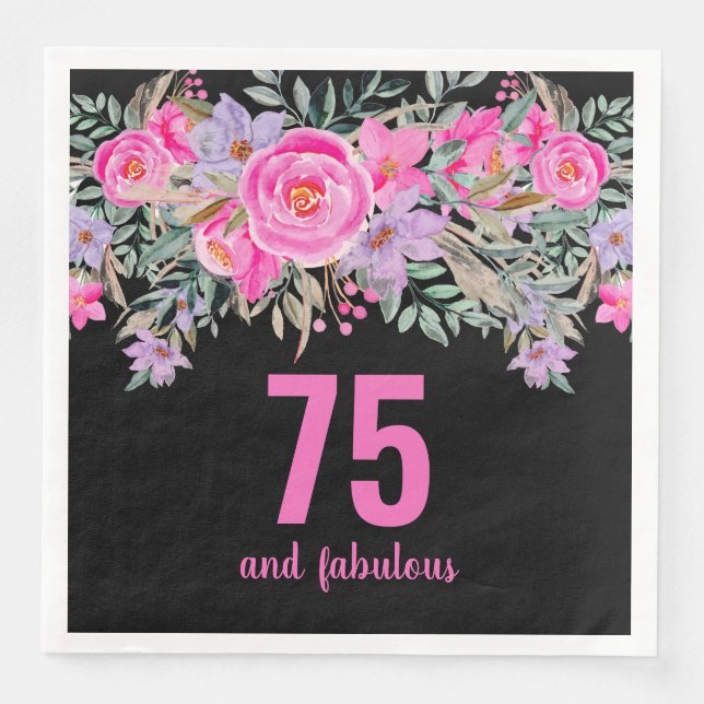 75th birthday black pink floral  napkin (Front)