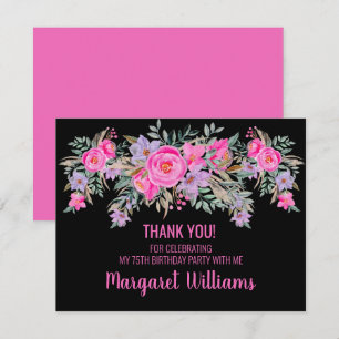 75th birthday black pink floral thank you card