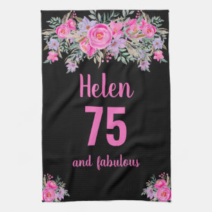 75th birthday black pink floral unique tea towel