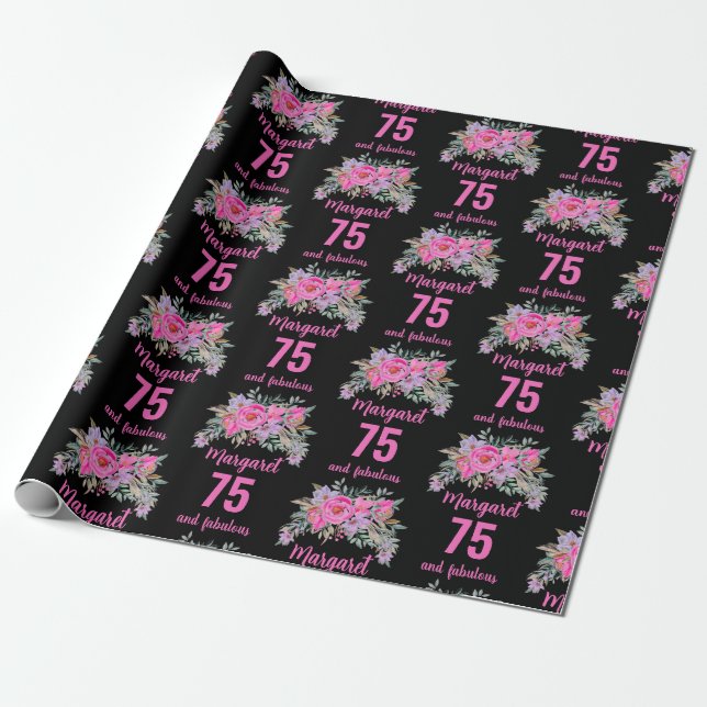 75th birthday black pink floral wrapping paper (Unrolled)