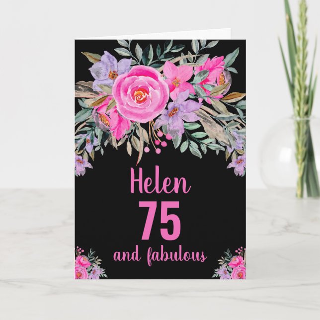 75th birthday black pink watercolor floral card (Front)