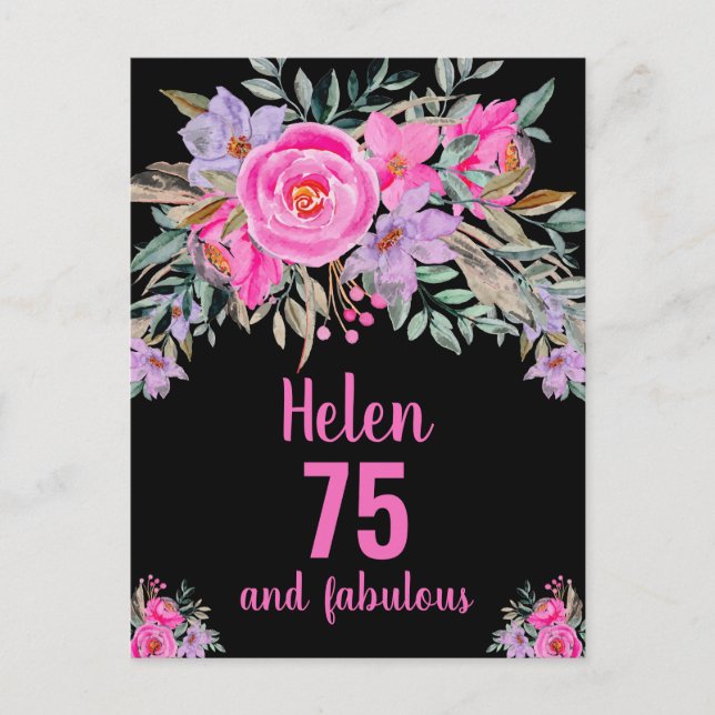 75th birthday black pink watercolor floral card (Front)