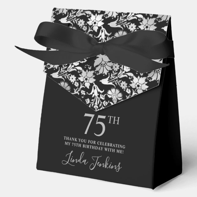 75th Birthday Black Silver Floral Thank You  Favour Box (Front)