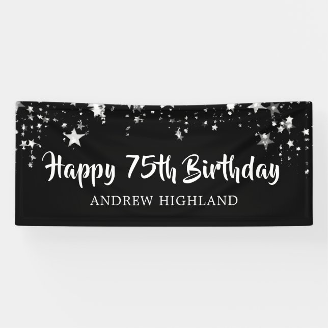 75th Birthday Black Silver Stars Personalised Banner (Horizontal)