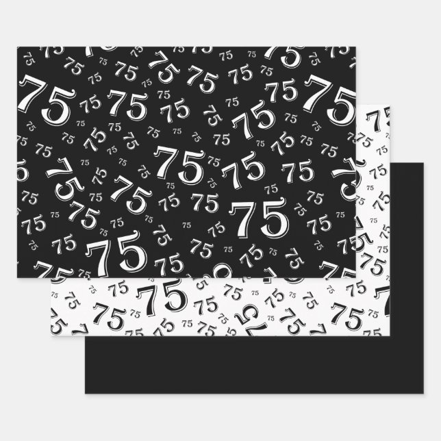 75th Birthday Black & White Number Pattern 75 Wrapping Paper Sheet (Set)