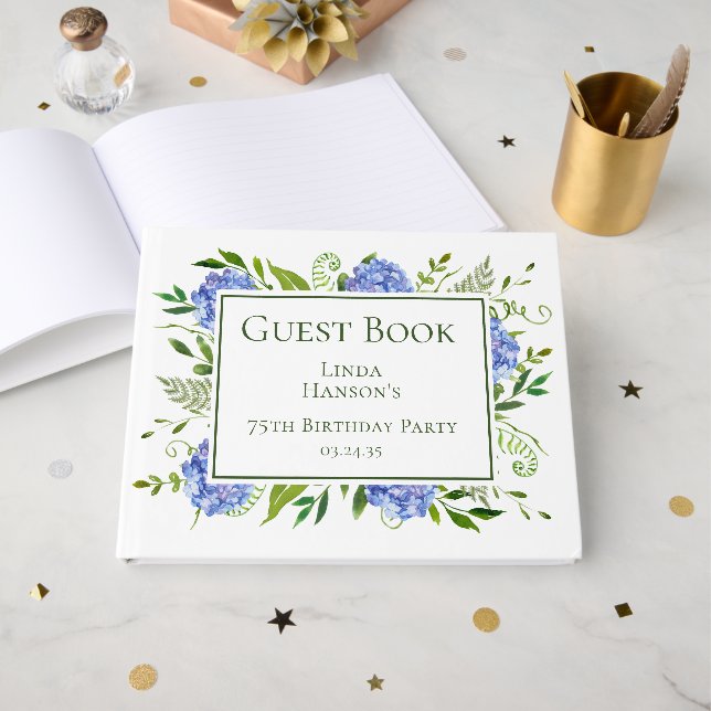 75th Birthday Blue Hydrangeas Guest Book (Front Open)