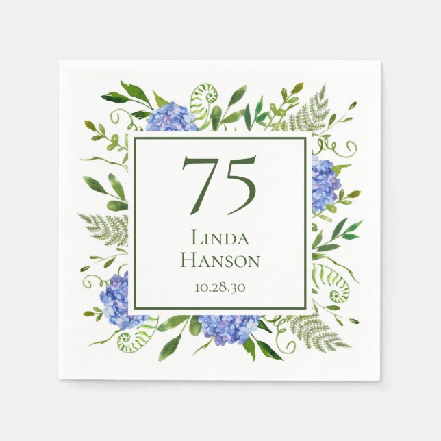 75th Birthday Blue Hydrangeas Napkin (Front)