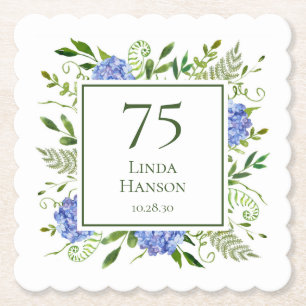 75th Birthday Blue Hydrangeas Paper Coaster