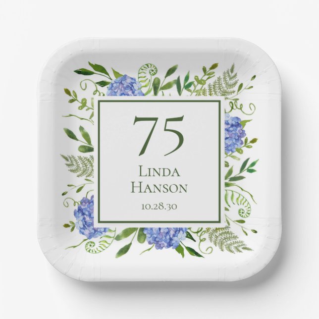 75th Birthday Blue Hydrangeas Paper Plate (Front)