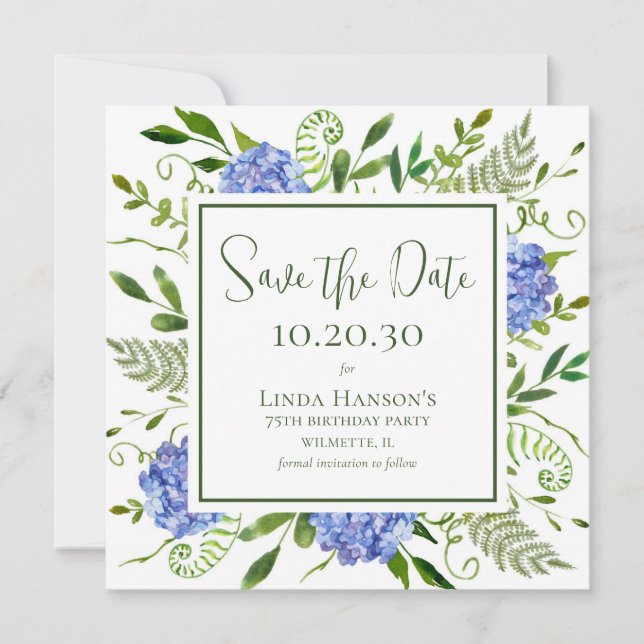 75th Birthday Blue Hydrangeas Save The Date (Front)