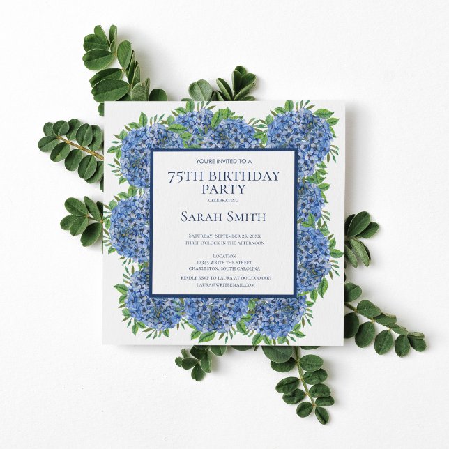 75th Birthday Blue Hydrangeas Watercolor Party Inv Invitation (Creator Uploaded)